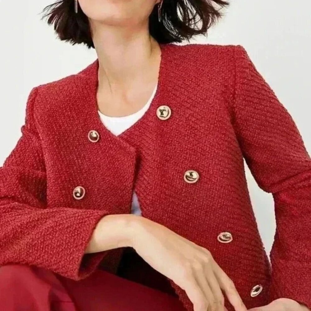 Ann Taylor Tweed Crew Neck Double Breasted Jacket Size 14 Bright Brick